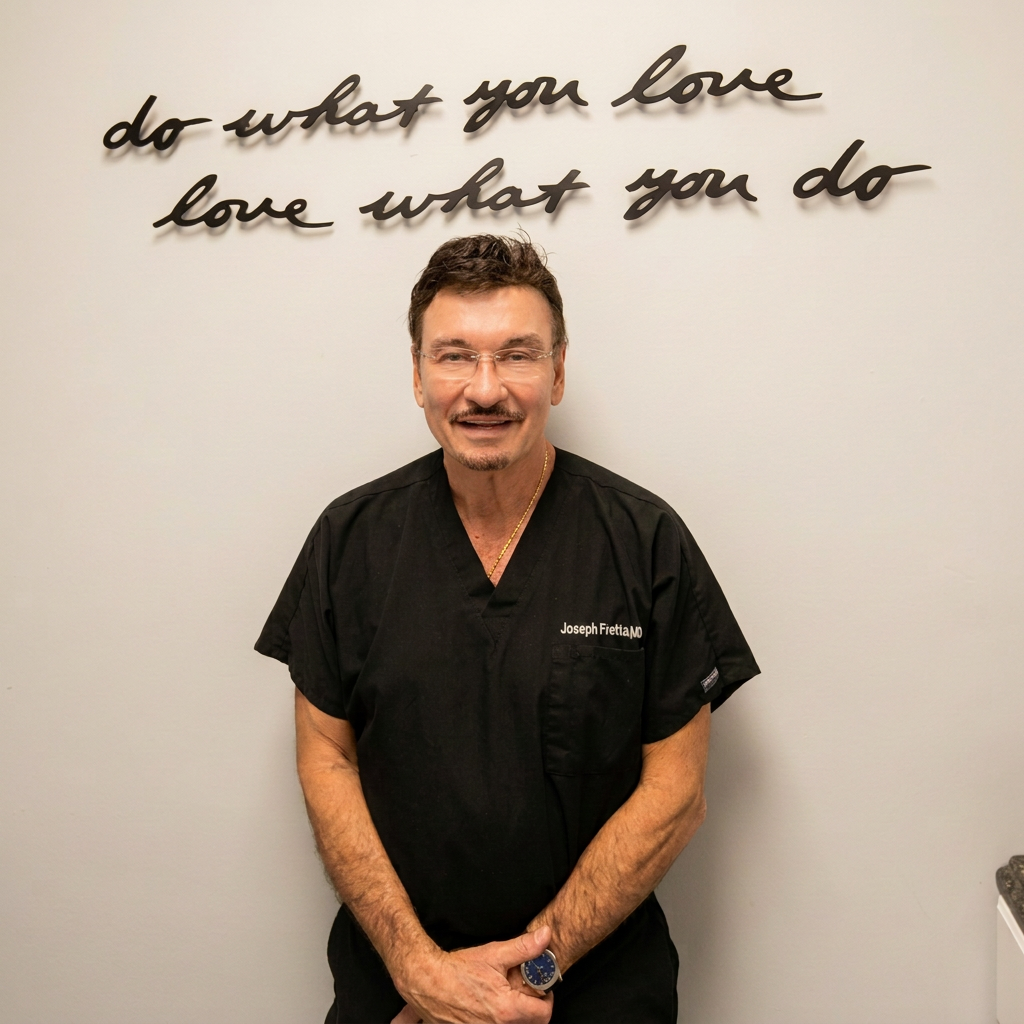 Dr. Joseph Fretta in his office, wearing his personalized scrubs